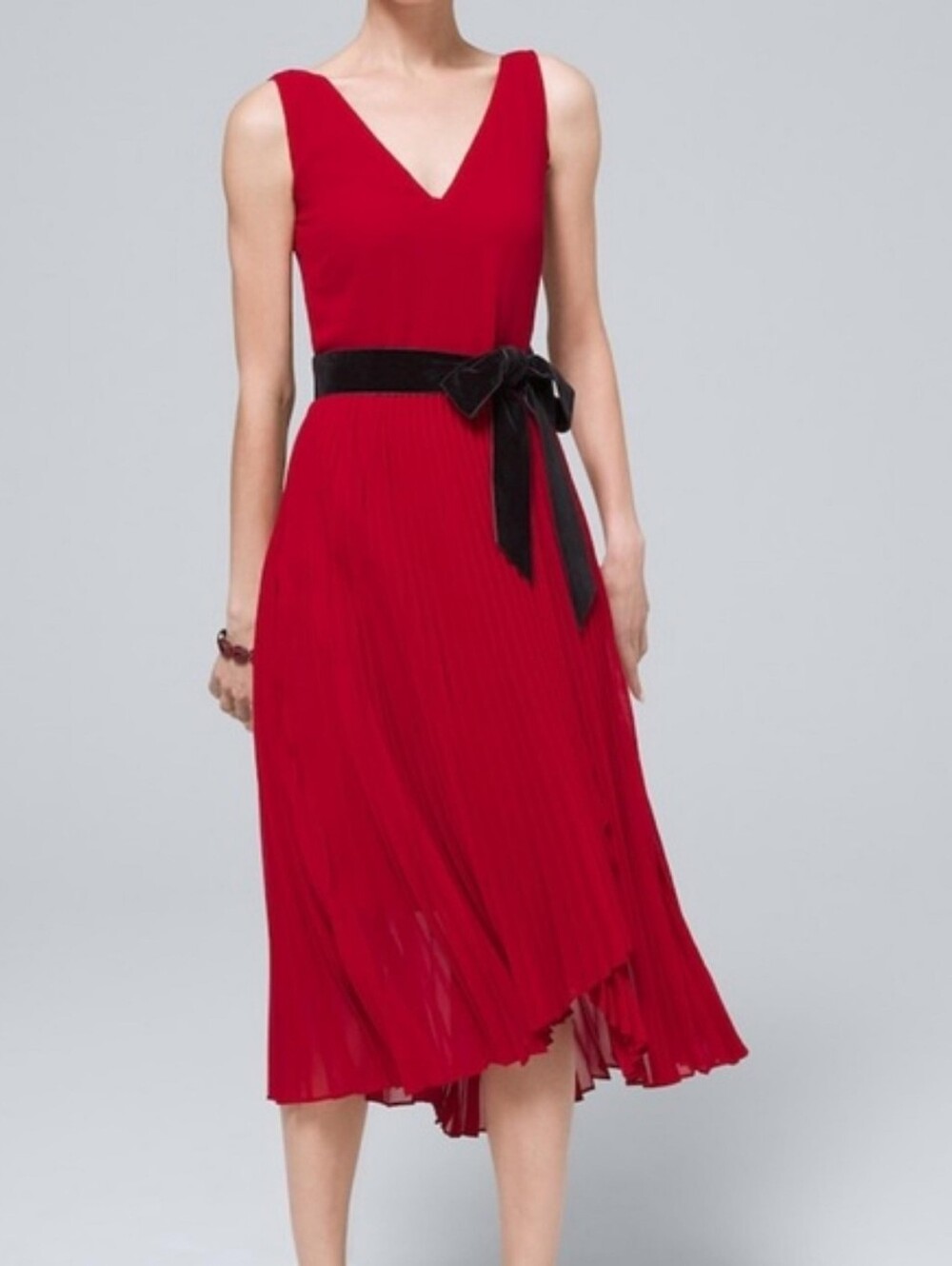 White House Black Market Red Asymmetric Pleated Dress Velvet Belt 4P - EUC